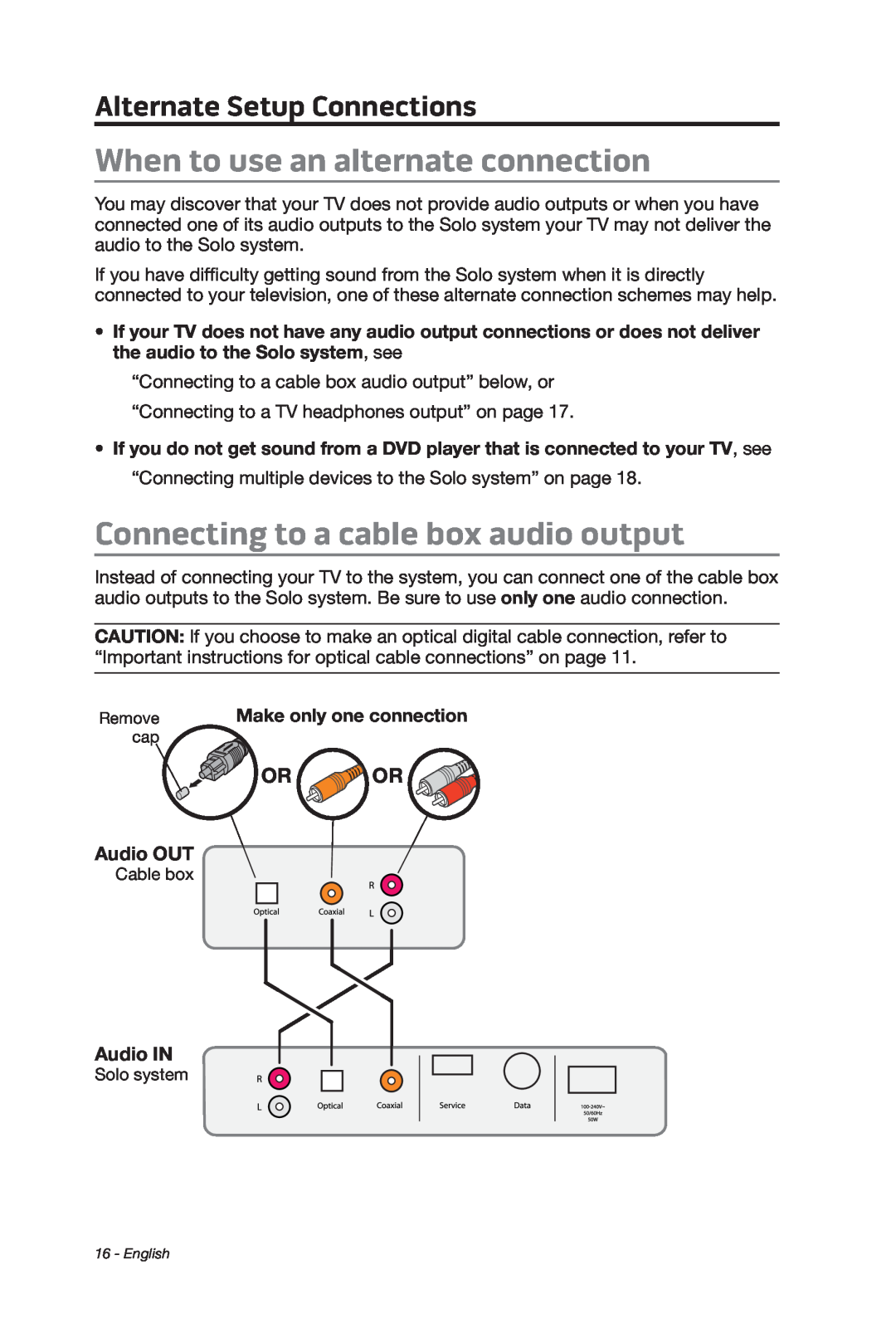 Bose 347205/1300 When to use an alternate connection, Connecting to a cable box audio output, Alternate Setup Connections 