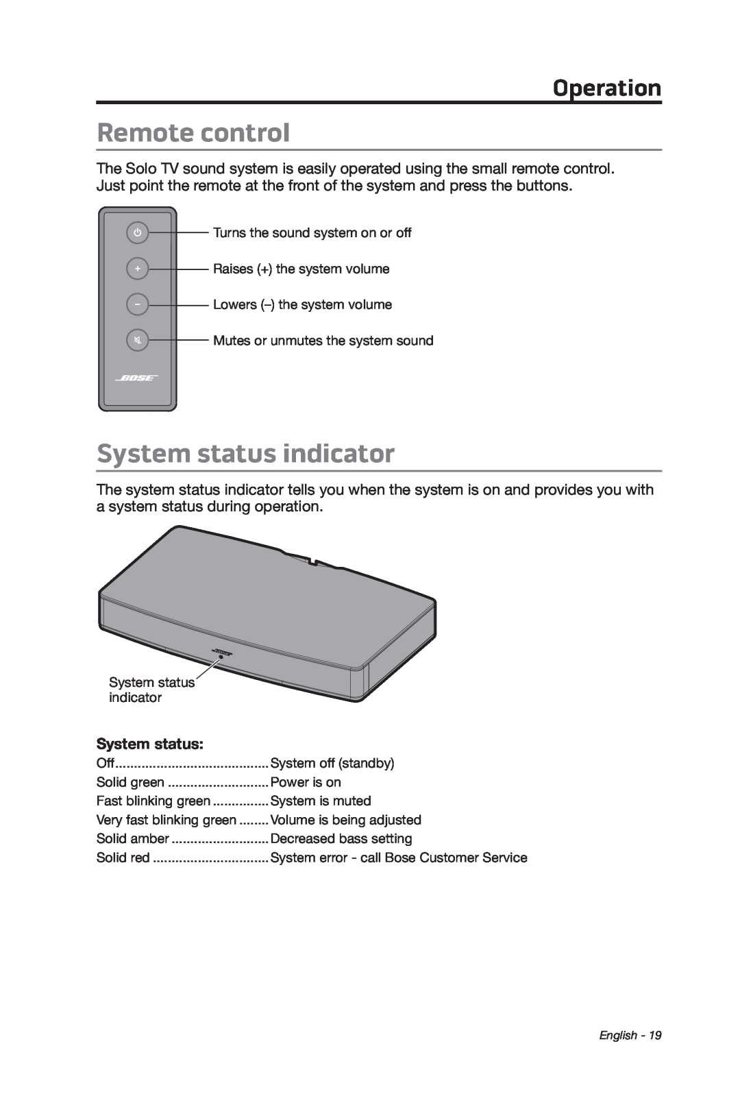 Bose 347205/1300 manual Remote control, System status indicator, Operation 