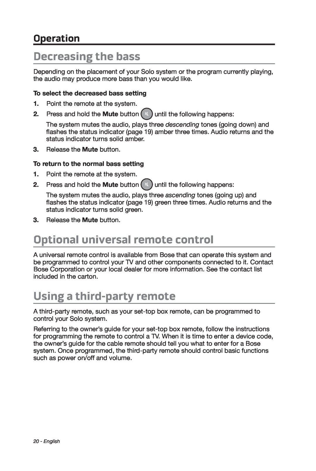 Bose 347205/1300 manual Decreasing the bass, Optional universal remote control, Using a third-partyremote, Operation 