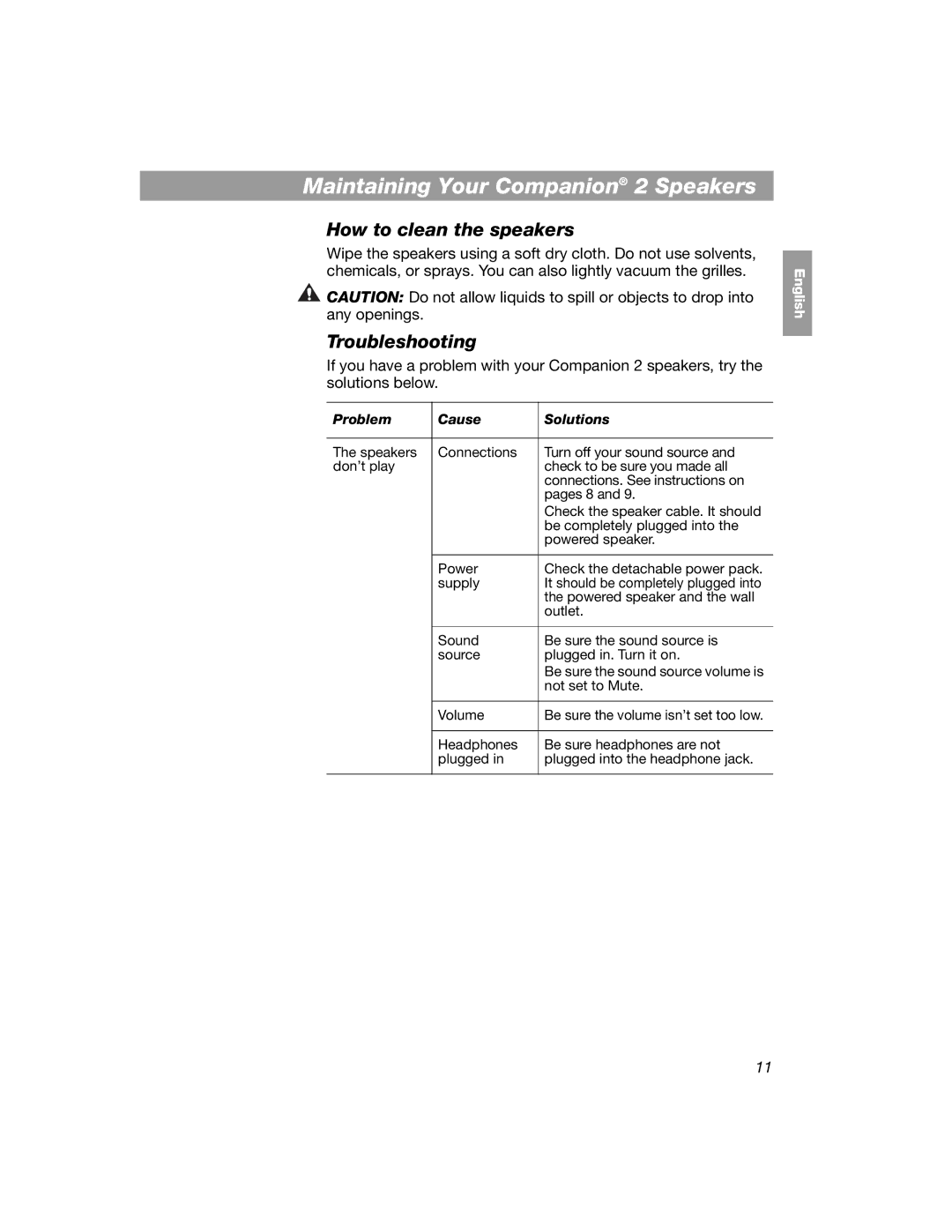 Bose 354495-1100 manual Maintaining Your Companion 2 Speakers, Troubleshooting 