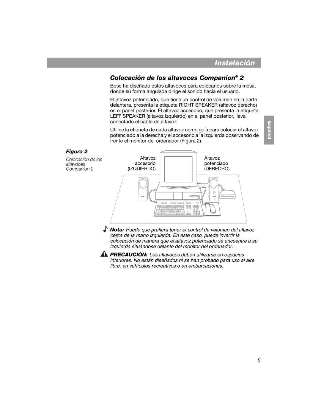 Bose 354495-1100 manual Instalación, ColocaciónInstalació nde los altavoces Companion 