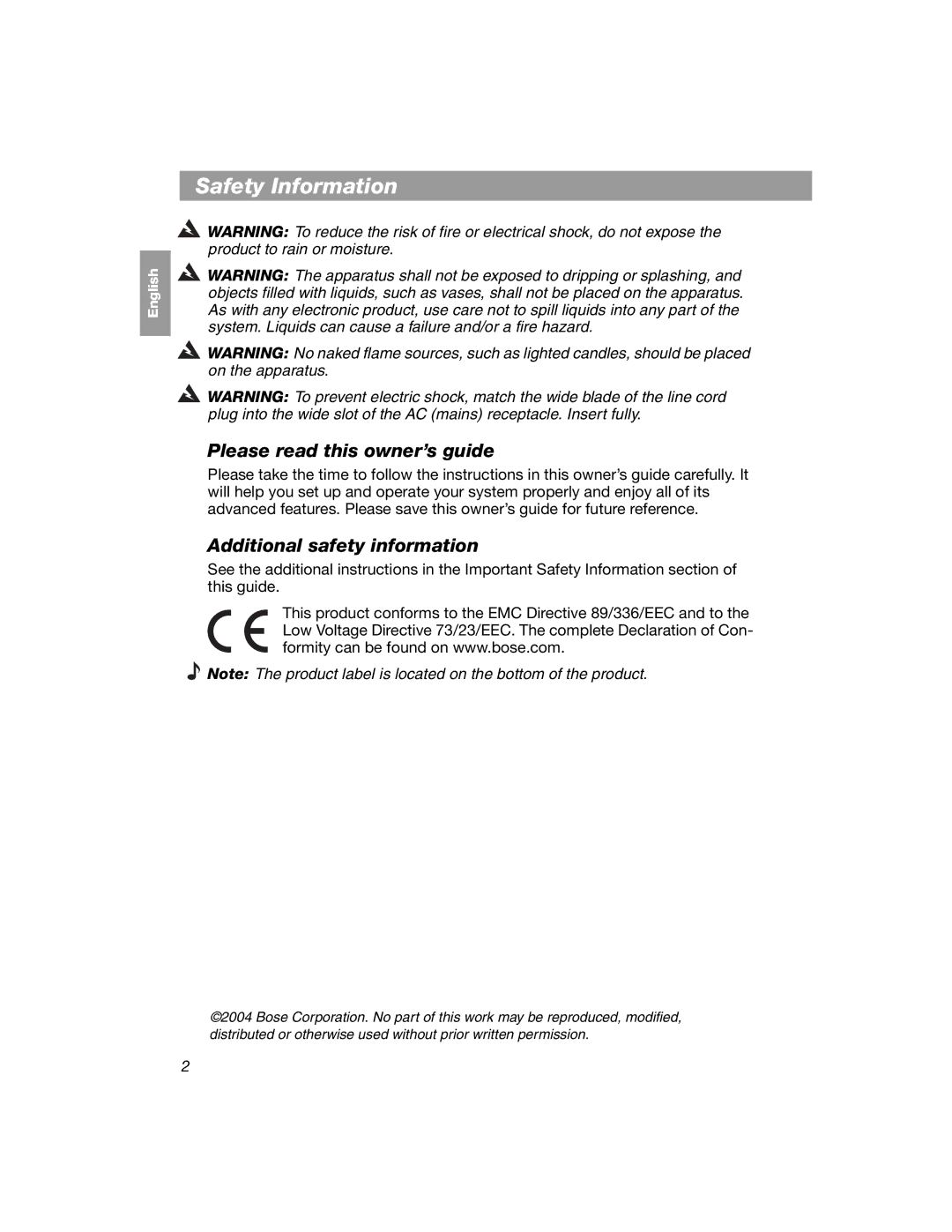 Bose 354495-1100 manual Safety Information, Please read this owner’s guide, Additional safety information 