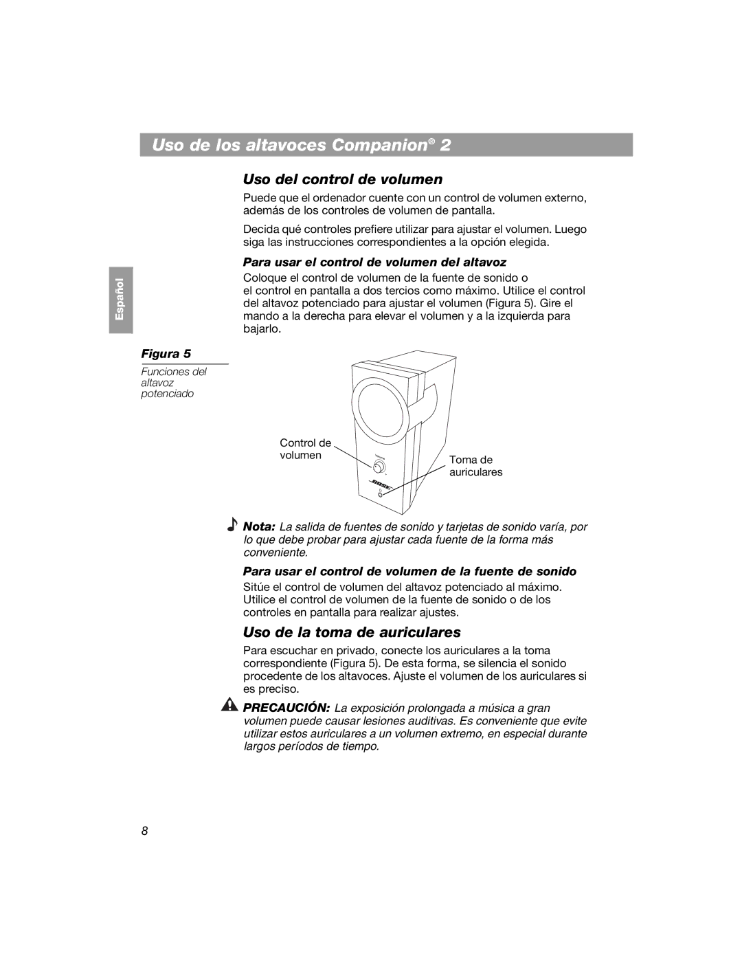 Bose 354495-1100 manual Uso de los altavoces Companion, Uso de la toma de auriculares 