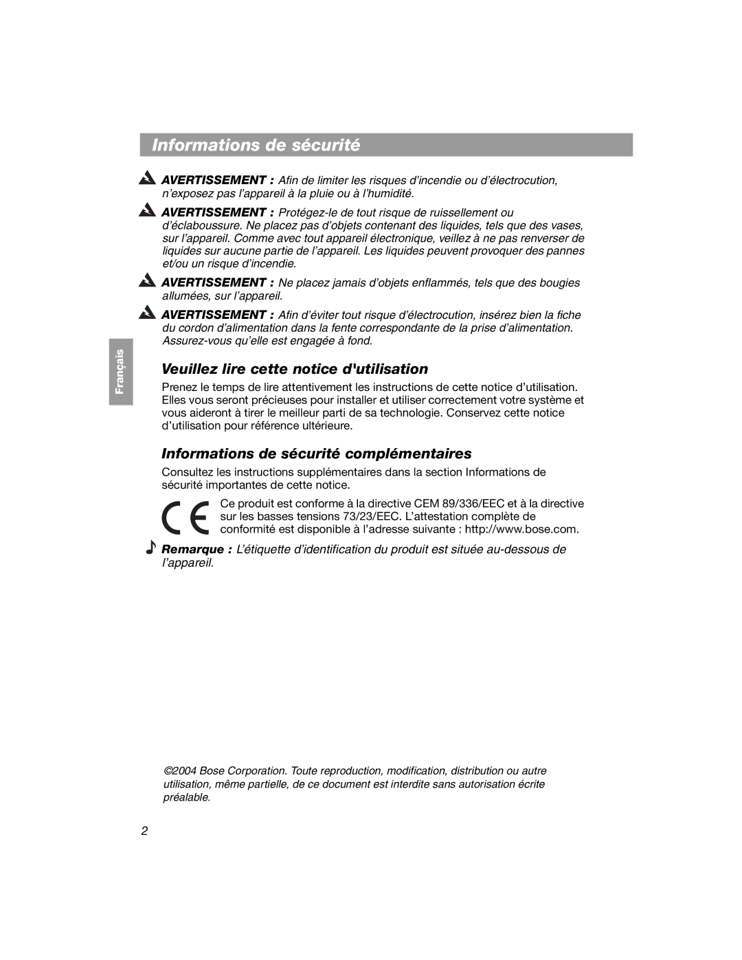 Bose 354495-1100 manual Informations de sécurité, Veuillez lire cette notice dutilisation 