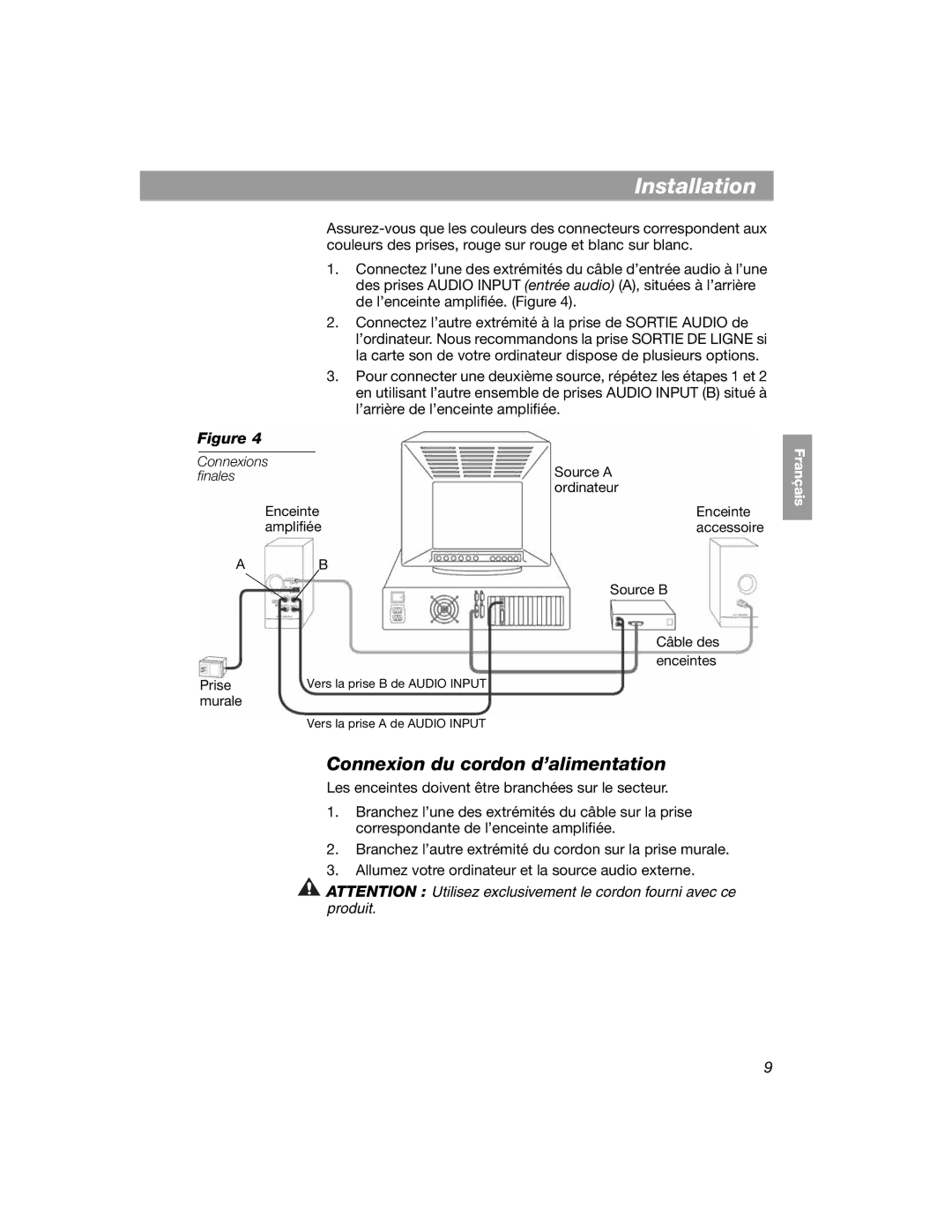 Bose 354495-1100 manual Connexion du cordon d’alimentation 