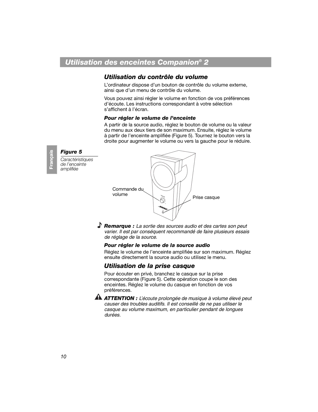 Bose 354495-1100 Utilisation des enceintes Companion, Utilisation de la prise casque, Pour régler le volume de lenceinte 