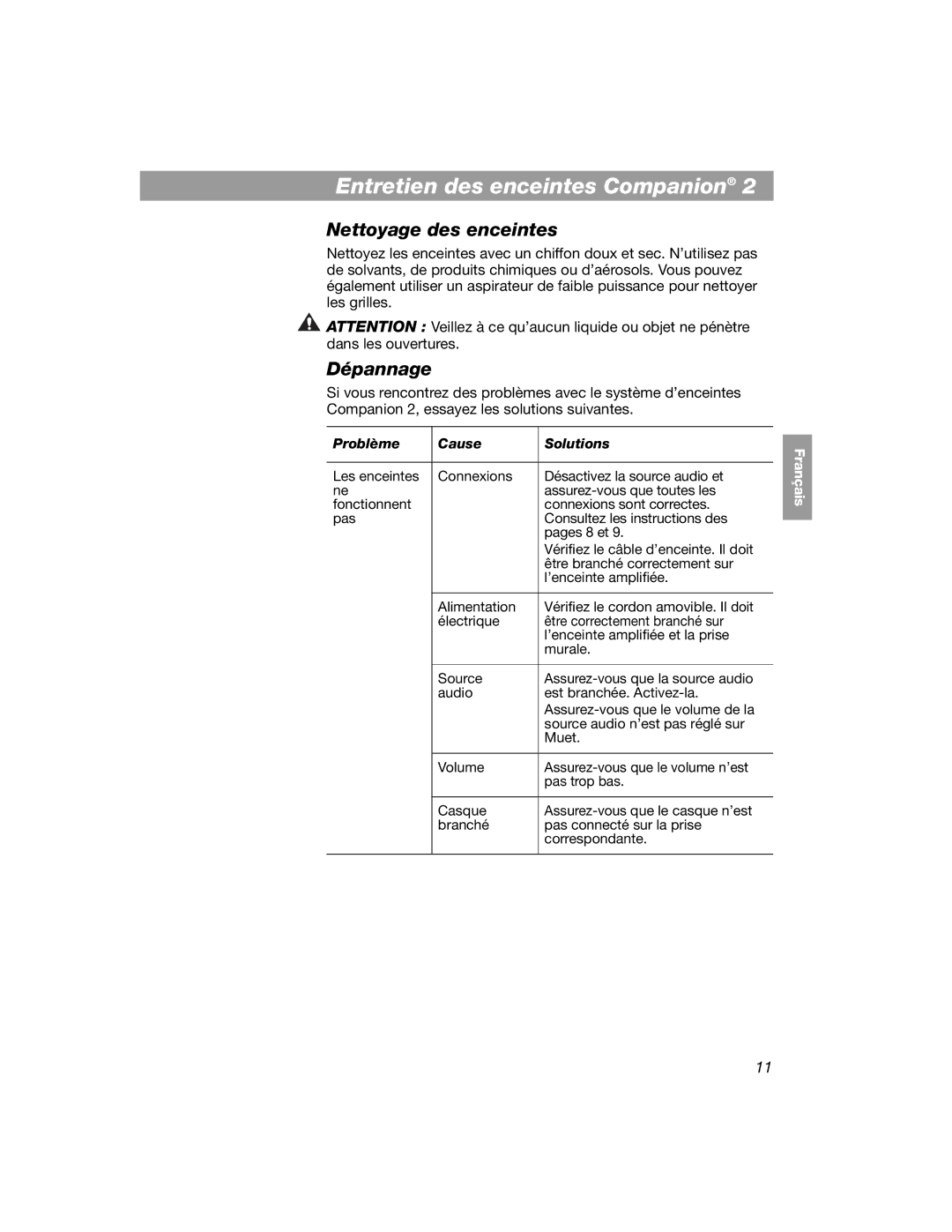 Bose 354495-1100 manual Entretien des enceintes Companion, Dépannage 