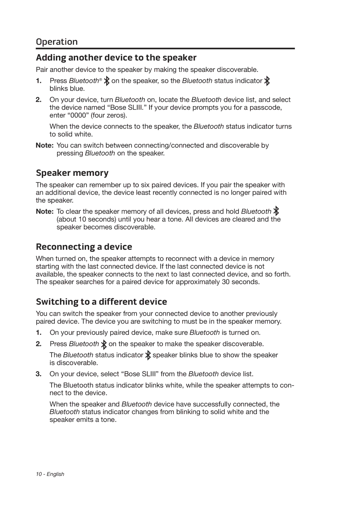 Bose 369946/1300 manual Adding another device to the speaker, Speaker memory, Reconnecting a device 