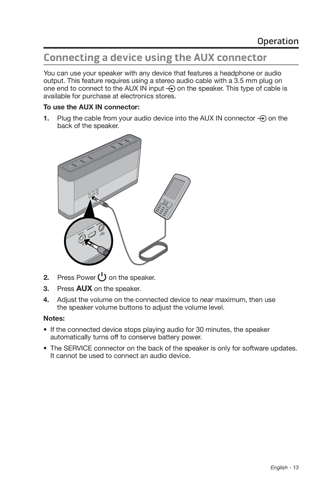 Bose 369946/1300 manual Connecting a device using the AUX connector, To use the AUX in connector 