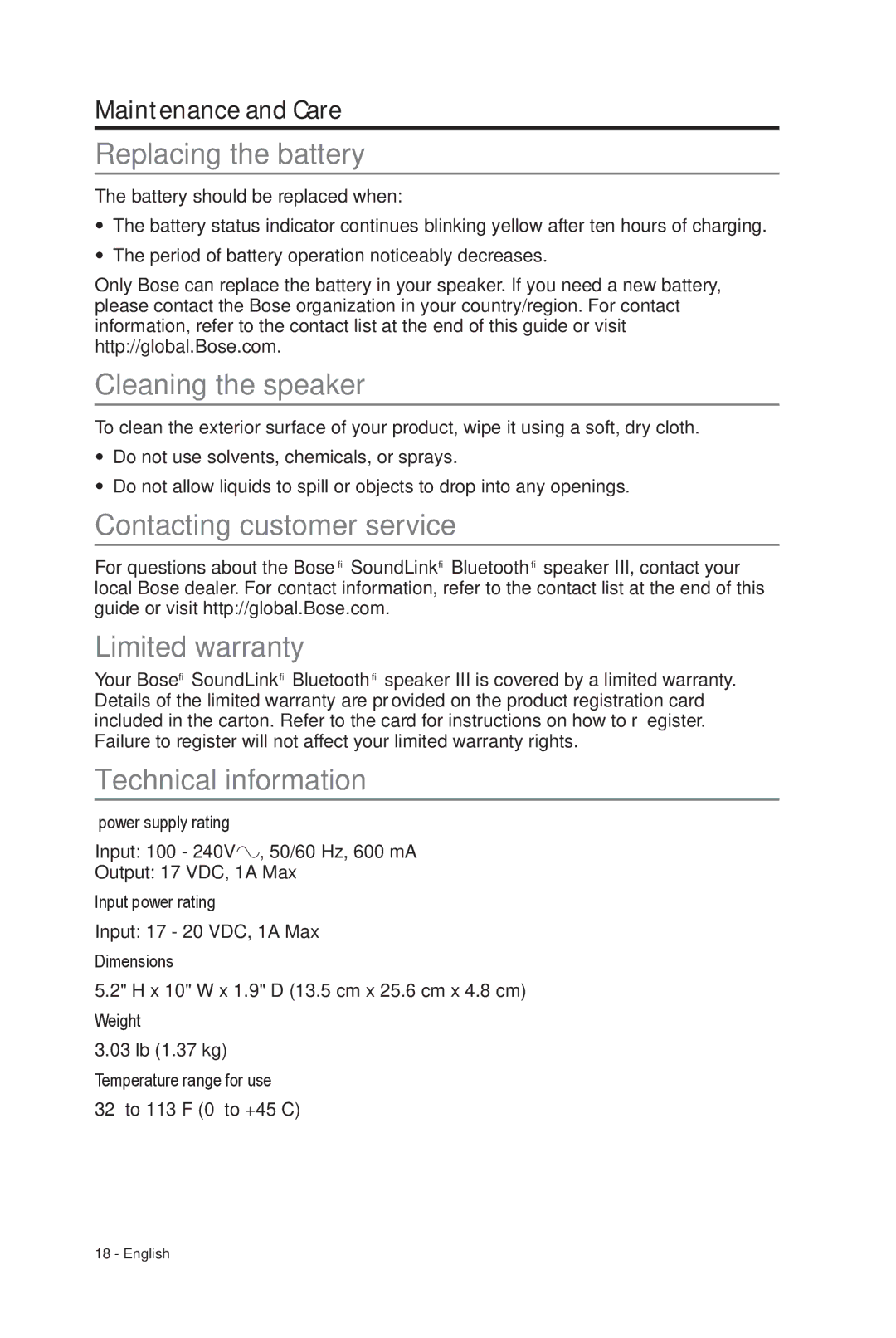 Bose 369946/1300 manual Replacing the battery, Cleaning the speaker, Contacting customer service, Limited warranty 