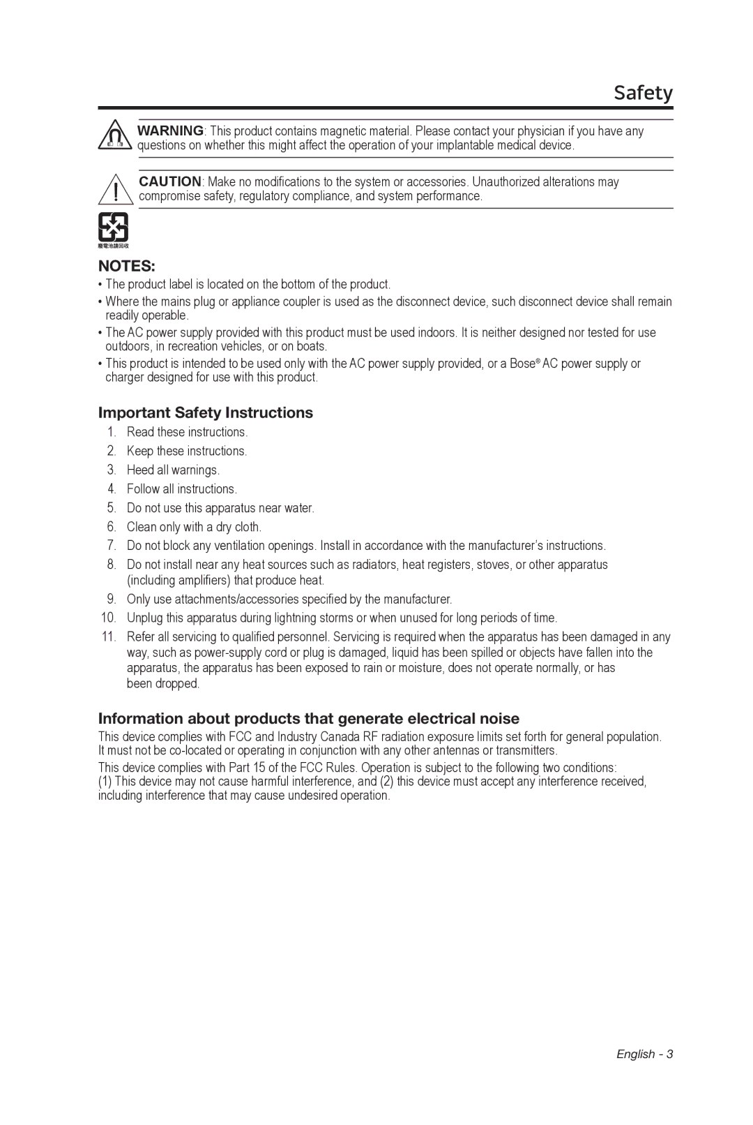 Bose 369946/1300 manual Important Safety Instructions, Information about products that generate­ electrical noise 