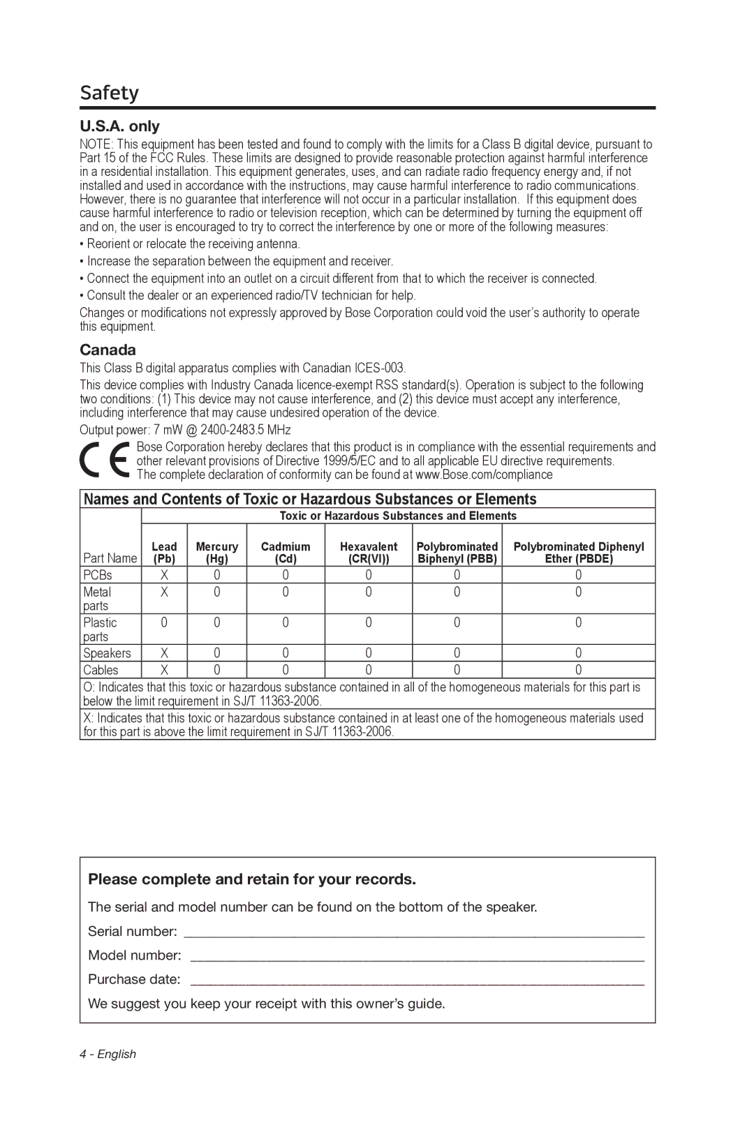 Bose 369946/1300 manual A. only, Canada, Please complete and retain for your records 