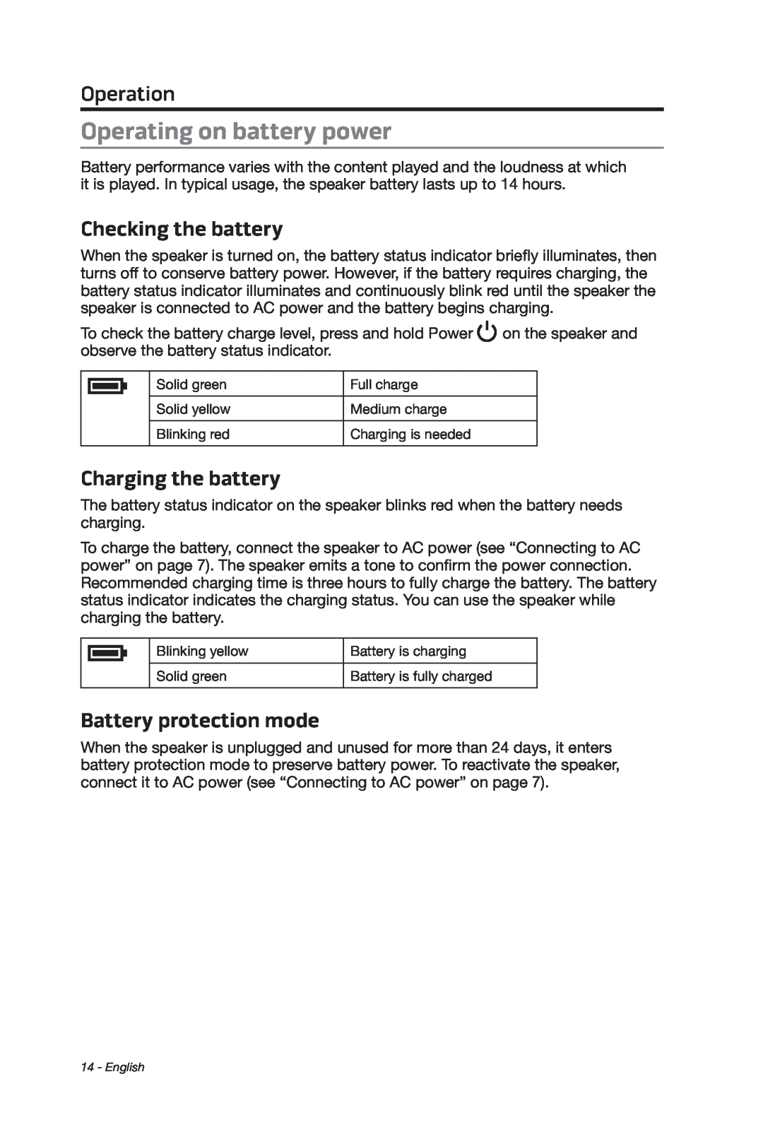Bose 369946/1300 manual Operating on battery power, Checking the battery, Charging the battery, Battery protection mode 