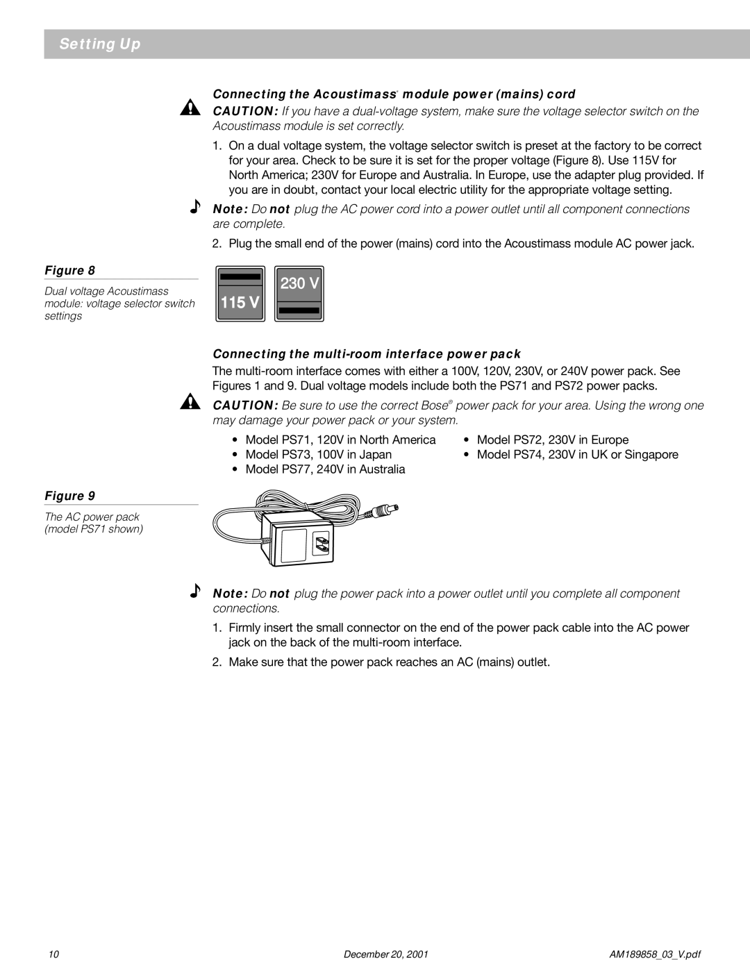 Bose 40 manual Connecting the Acoustimass module power mains cord, Connecting the multi-room interface power pack 