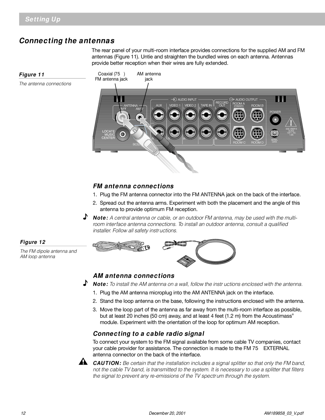 Bose 40 manual Connecting the antennas, FM antenna connections, AM antenna connections, Connecting to a cable radio signal 