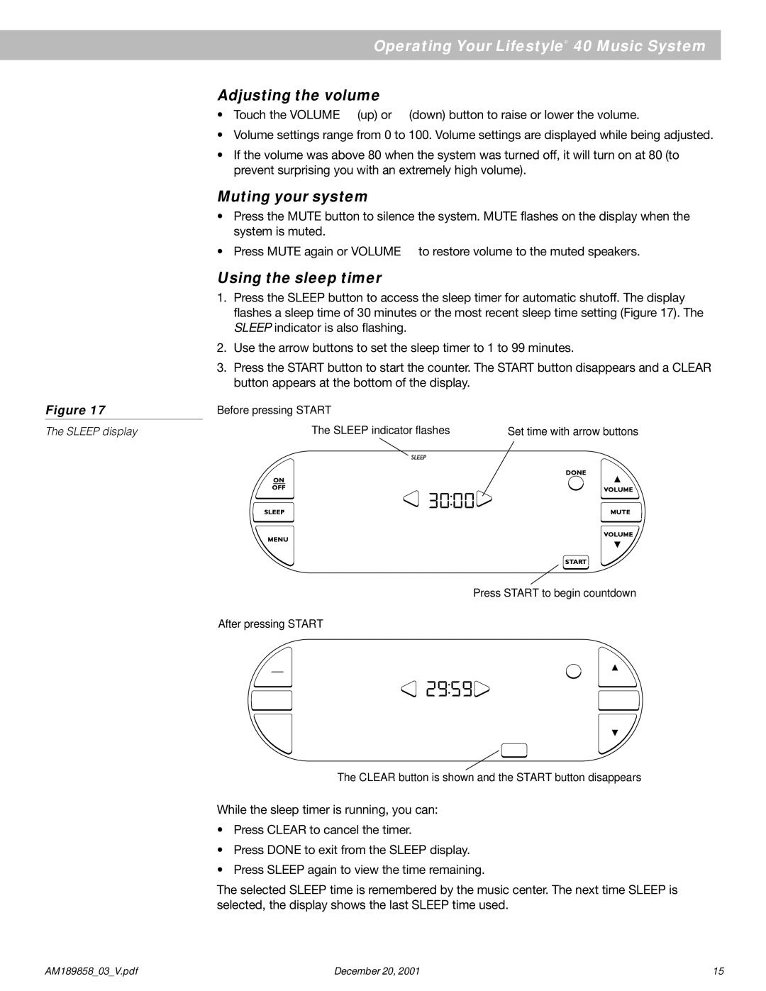 Bose 40 manual Adjusting the volume, Muting your system, Using the sleep timer 