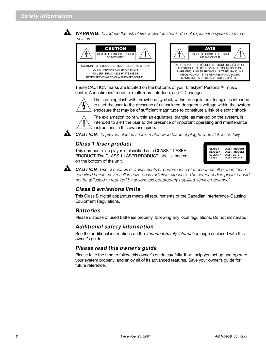 Bose 40 manual Class 1 laser product, Class B emissions limits, Batteries, Additional safety information 