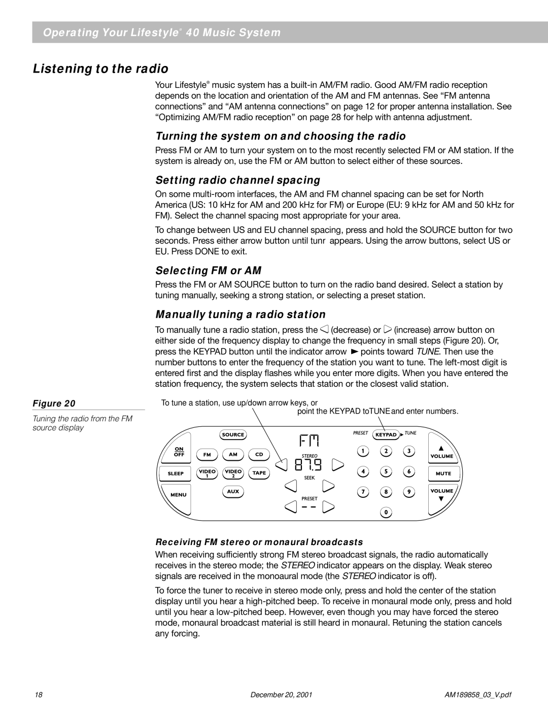 Bose 40 manual Listening to the radio, Turning the system on and choosing the radio, Setting radio channel spacing 