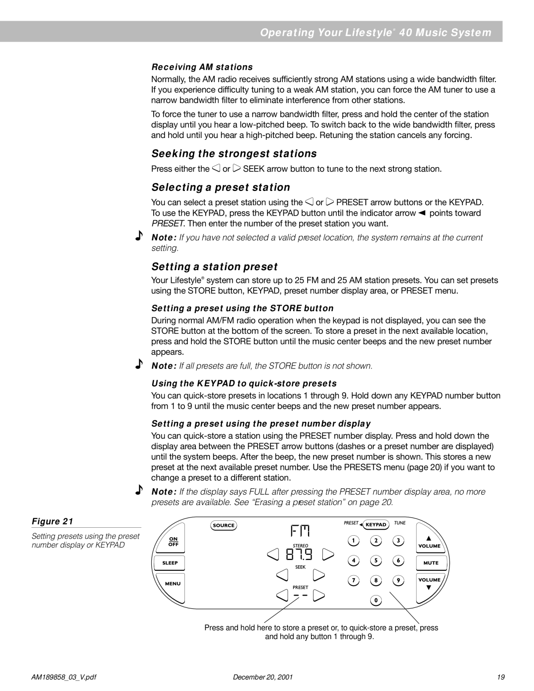 Bose 40 manual Seeking the strongest stations, Selecting a preset station, Setting a station preset 