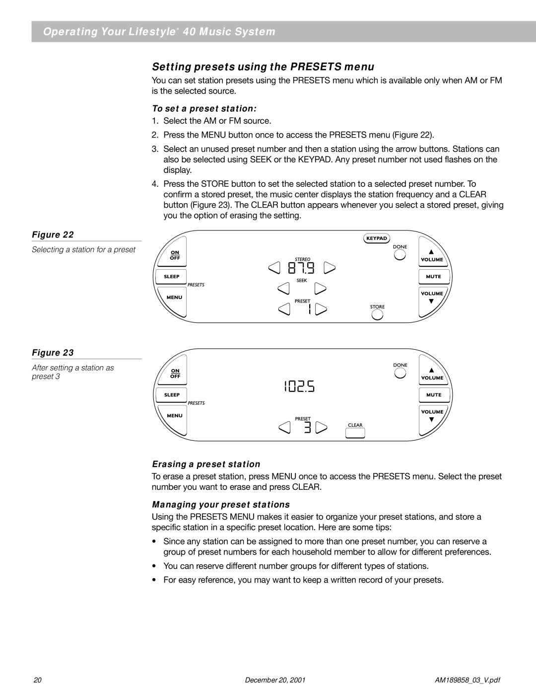 Bose 40 manual Setting presets using the Presets menu, To set a preset station, Erasing a preset station 