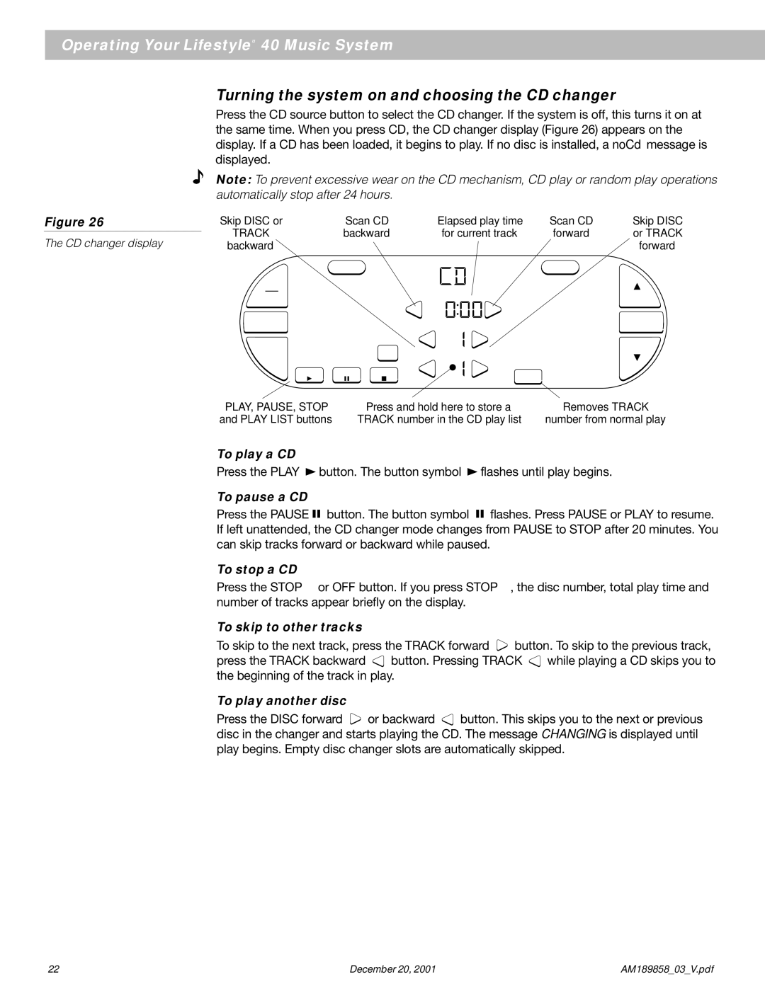 Bose 40 manual Turning the system on and choosing the CD changer 