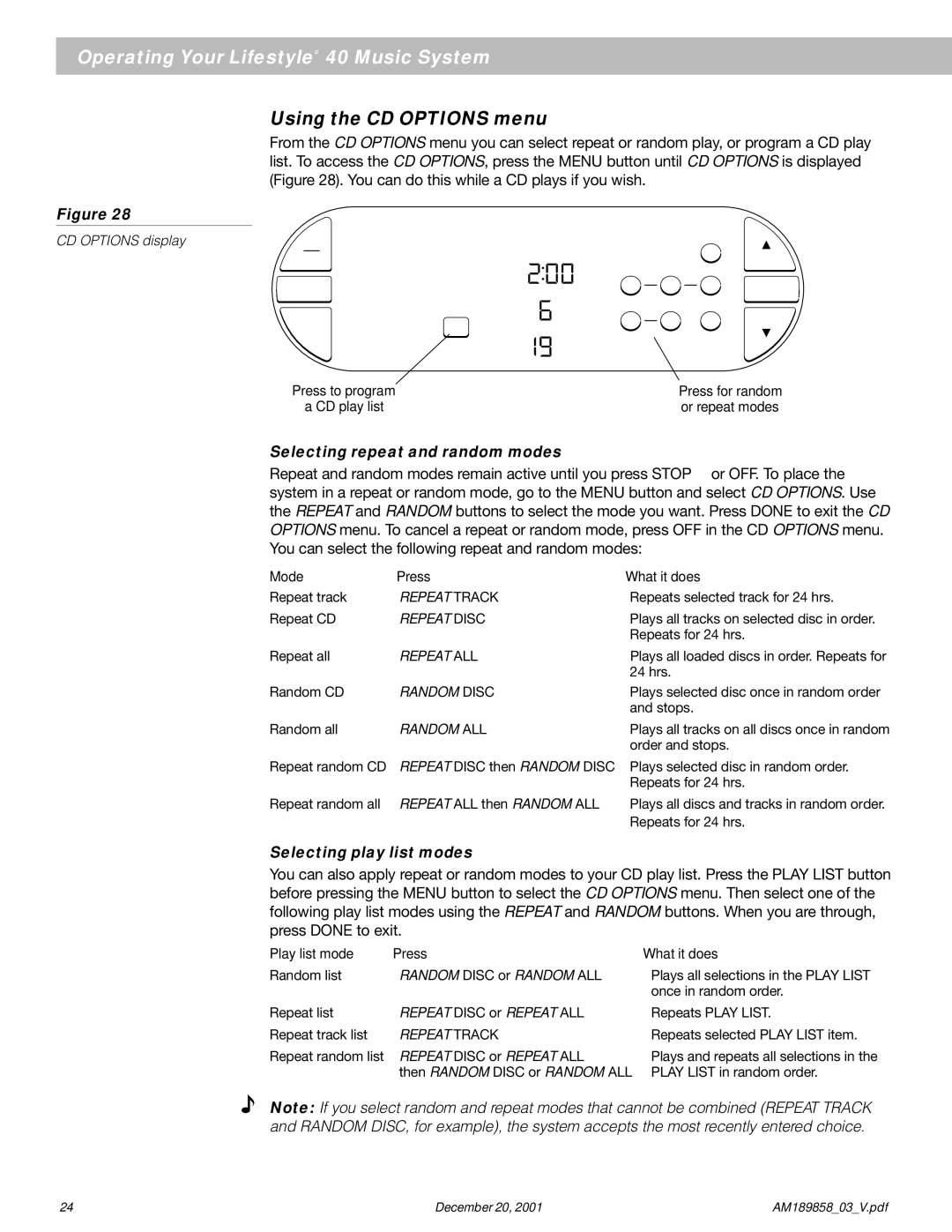 Bose 40 manual Using the CD Options menu, Selecting repeat and random modes, Selecting play list modes 