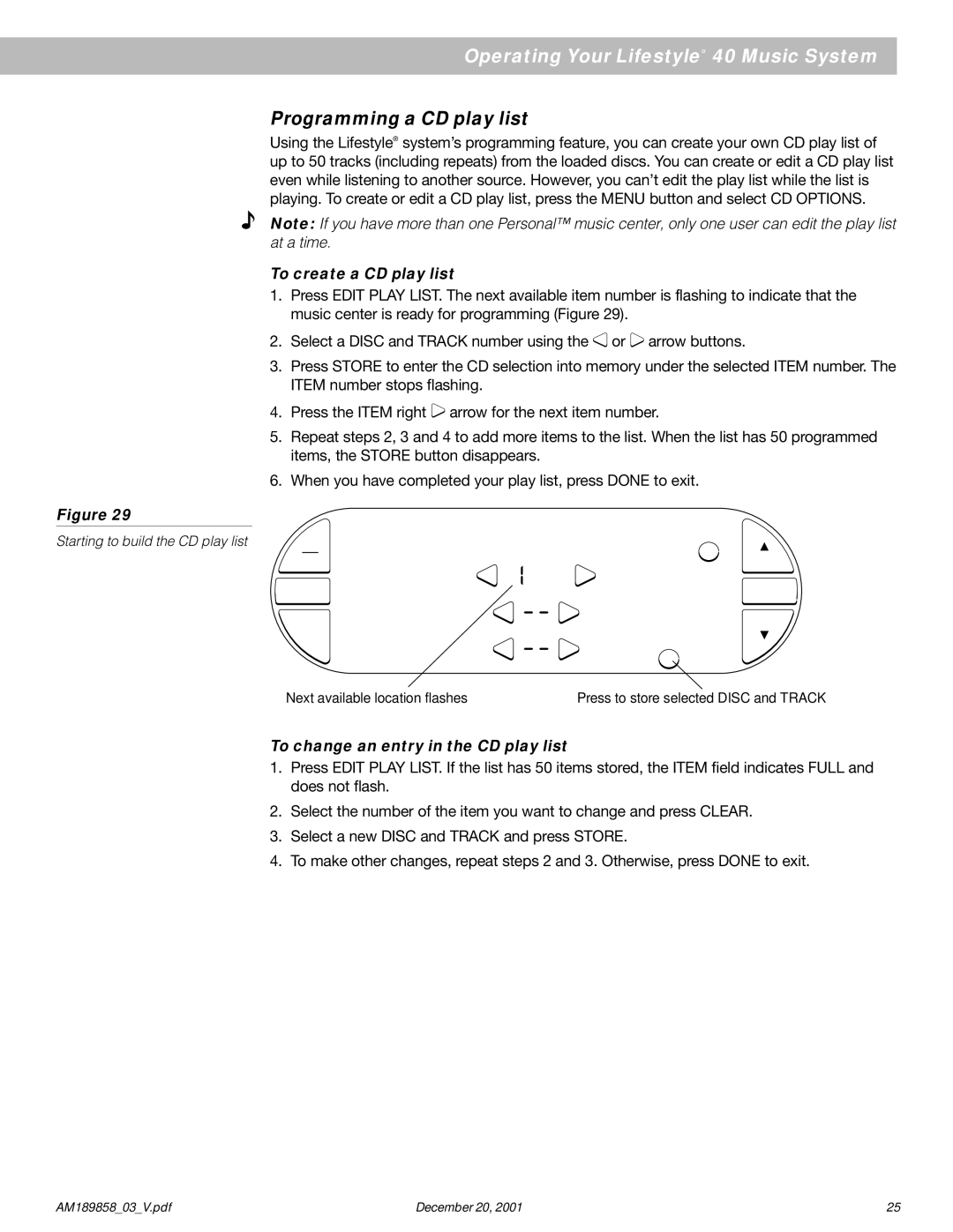 Bose 40 manual Programming a CD play list, To create a CD play list, To change an entry in the CD play list 