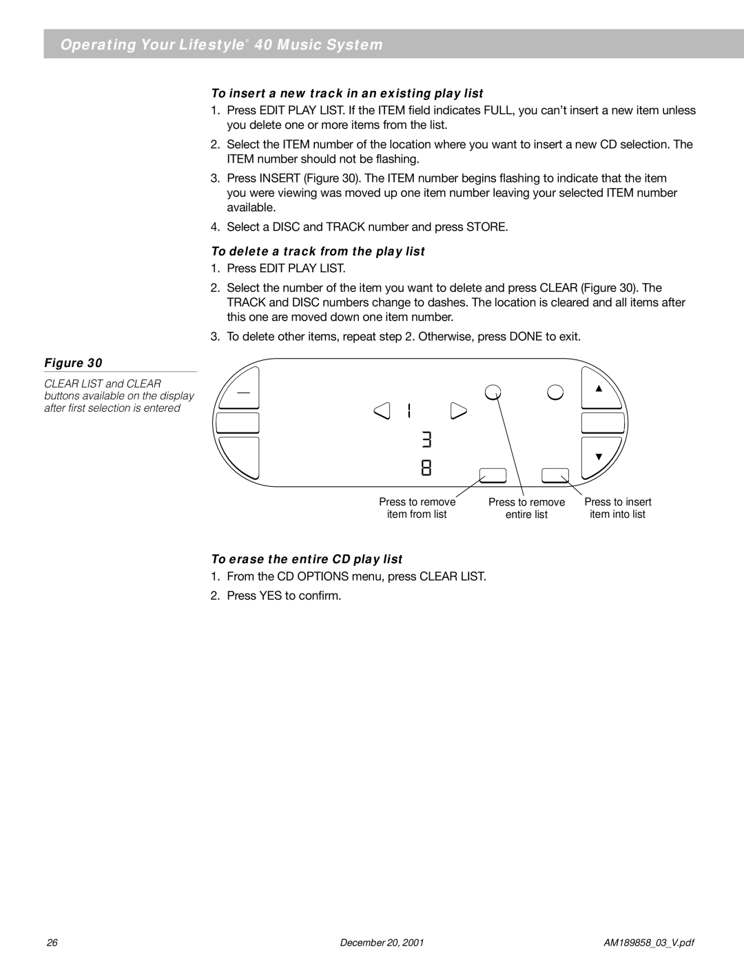 Bose 40 manual To insert a new track in an existing play list, To delete a track from the play list 