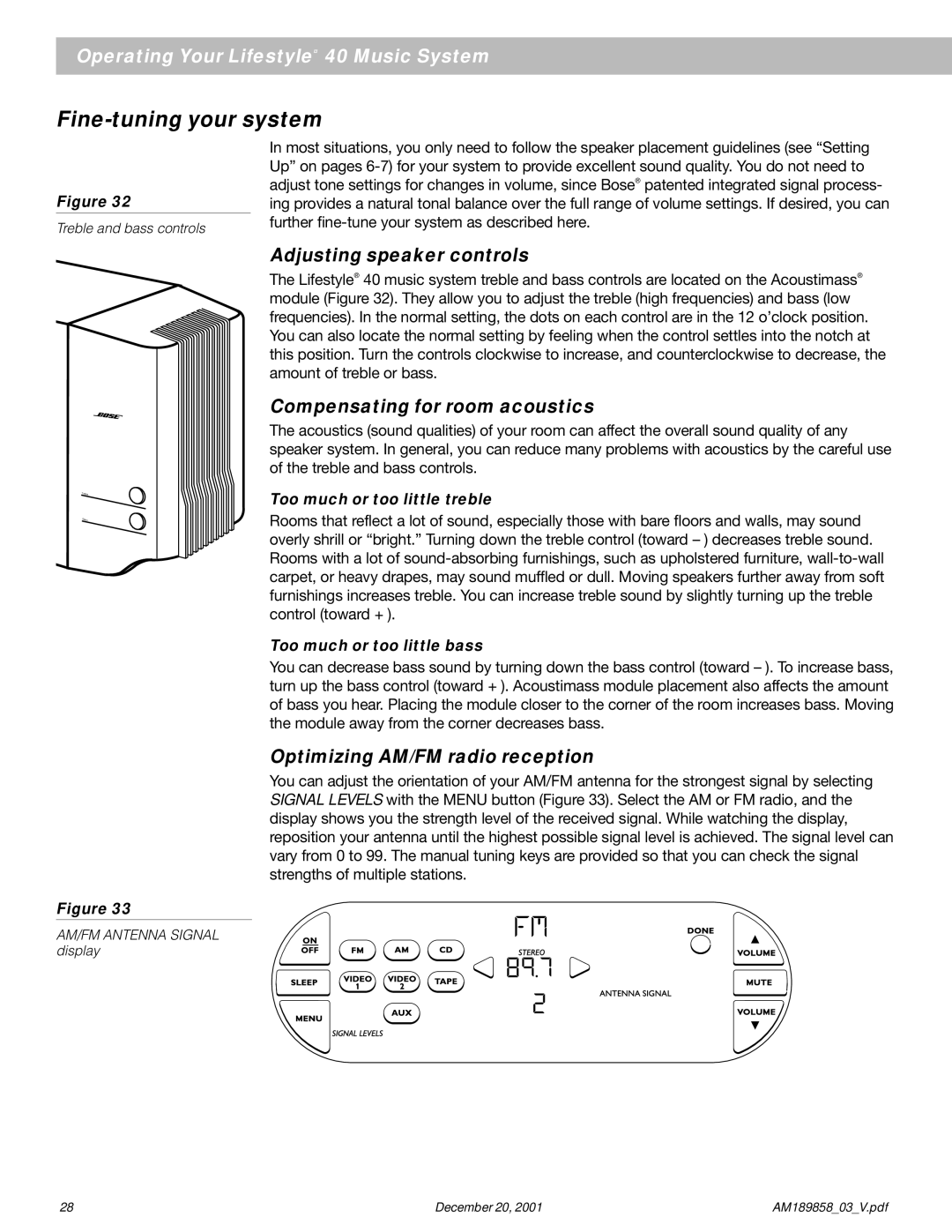 Bose 40 manual Fine-tuning your system, Adjusting speaker controls, Compensating for room acoustics 