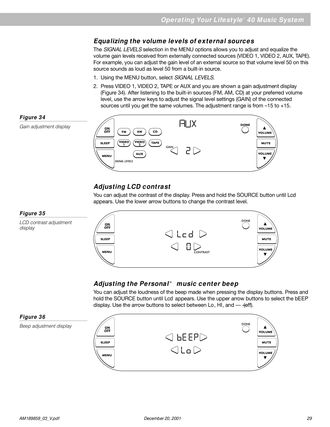 Bose 40 Equalizing the volume levels of external sources, Adjusting LCD contrast, Adjusting the Personal music center beep 