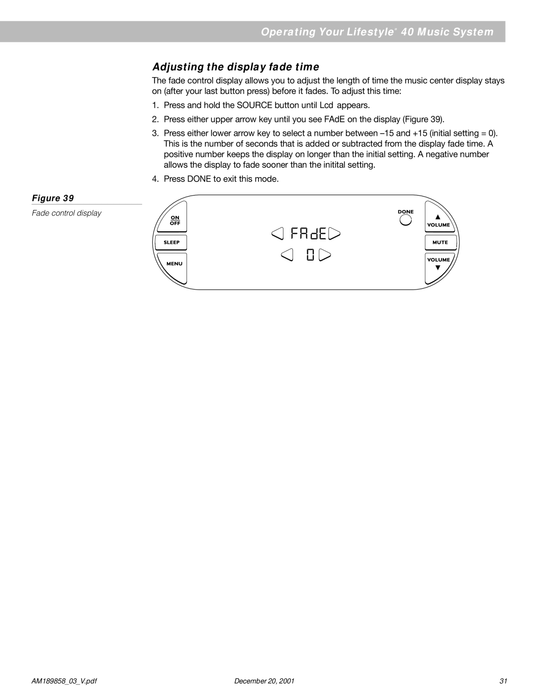 Bose 40 manual Adjusting the display fade time 