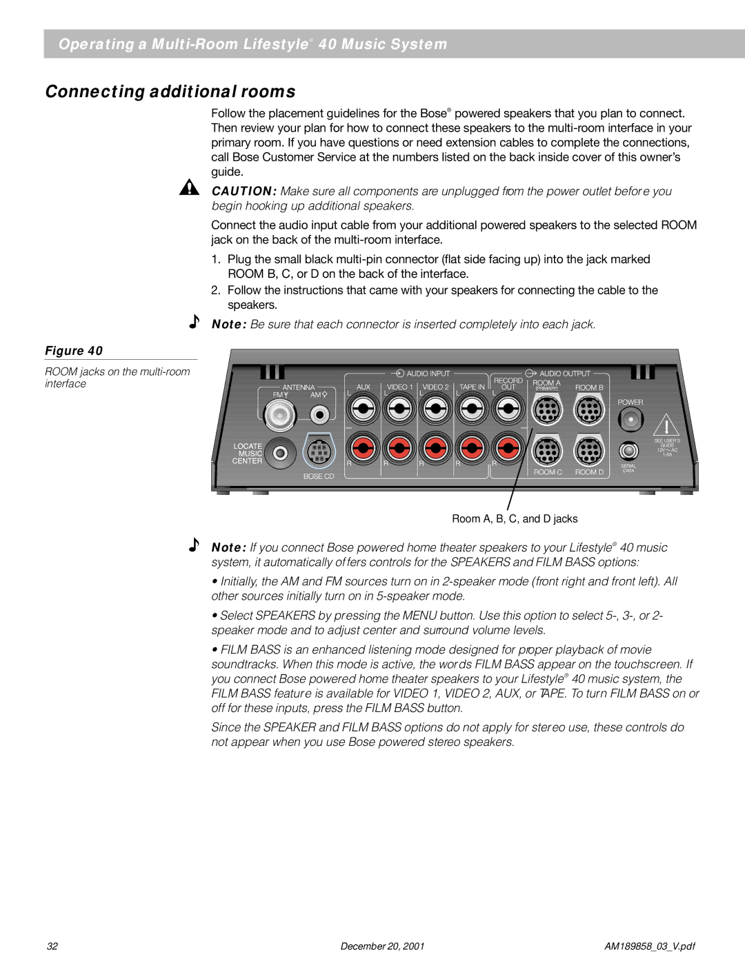 Bose 40 manual Connecting additional rooms 