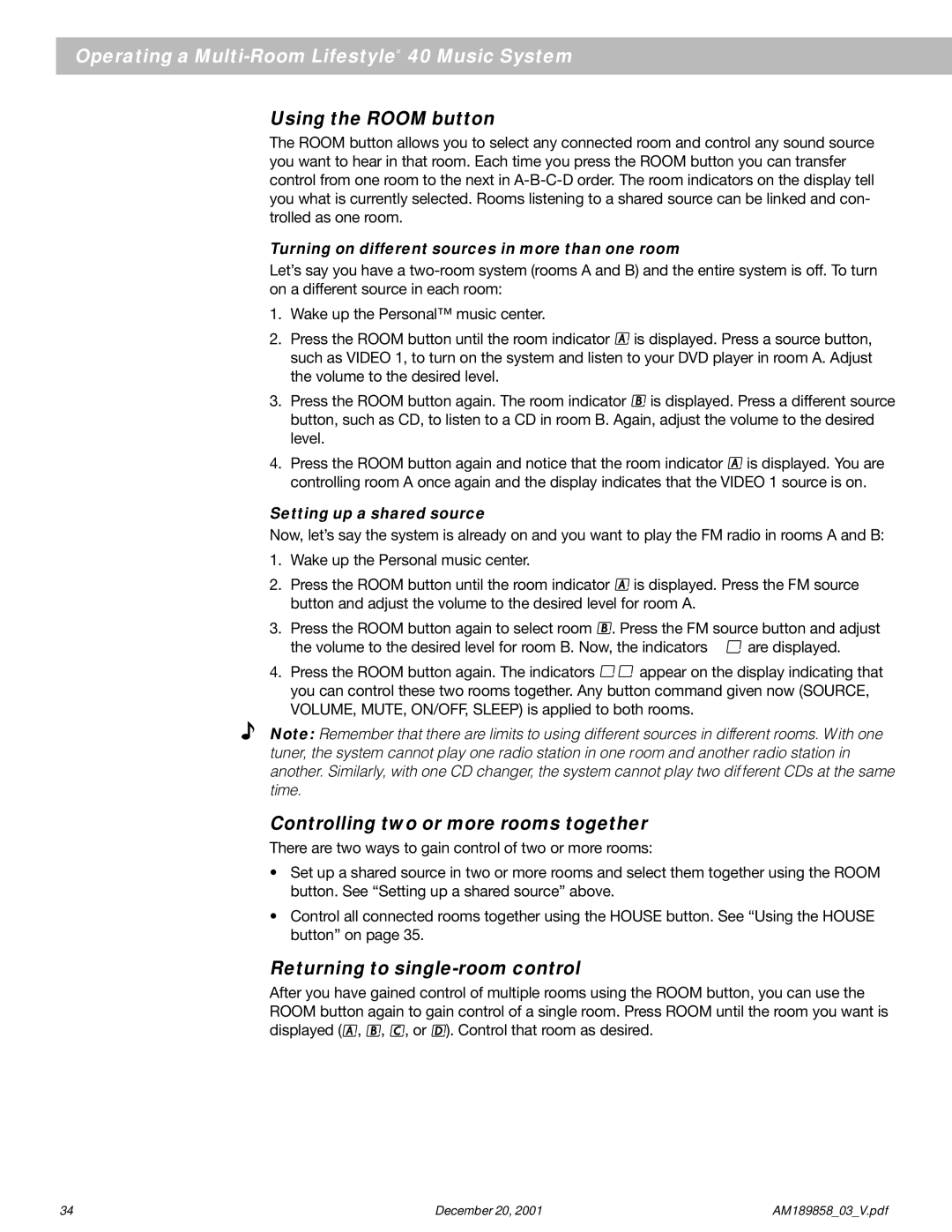 Bose 40 manual Using the Room button, Controlling two or more rooms together, Returning to single-room control 