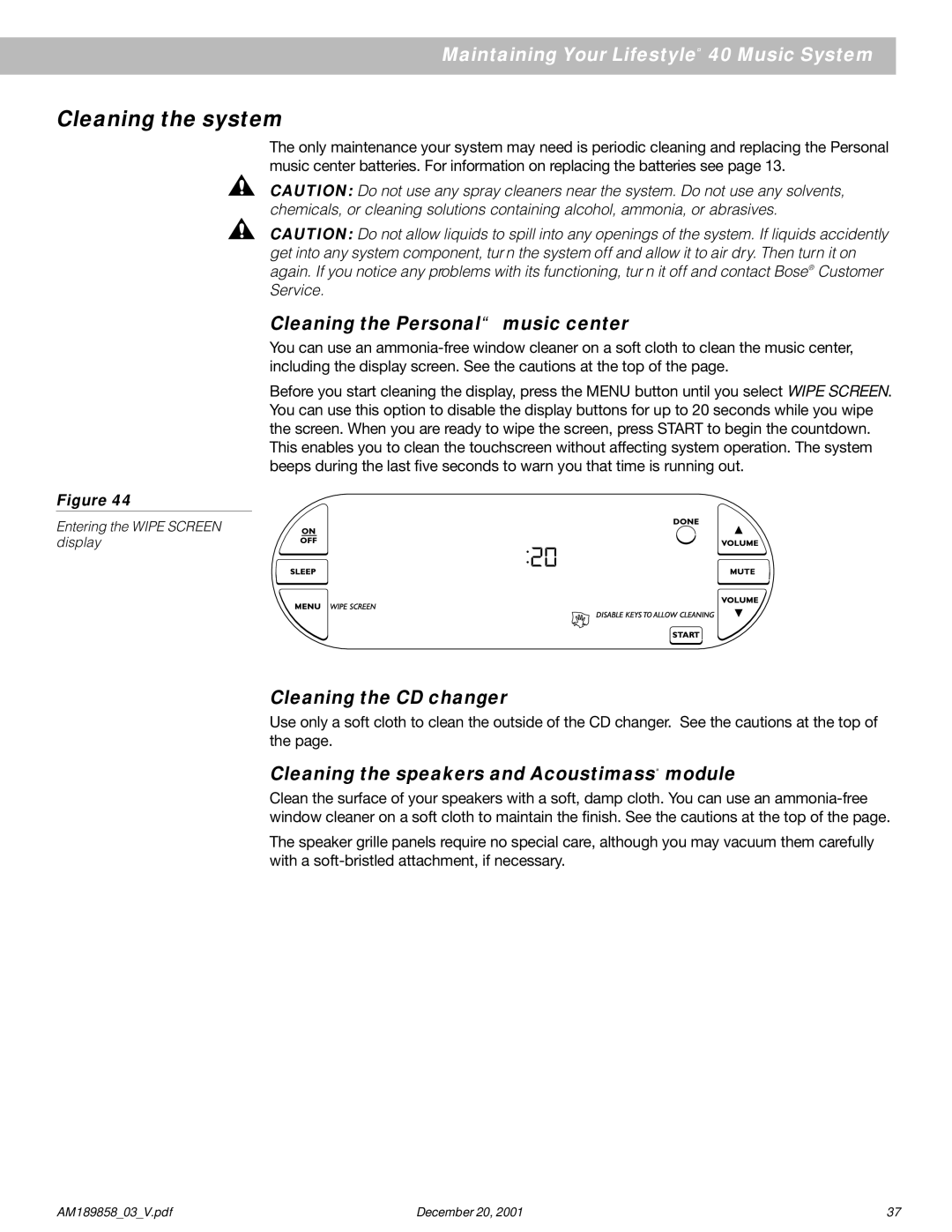 Bose 40 manual Cleaning the system, Cleaning the Personal music center, Cleaning the CD changer 