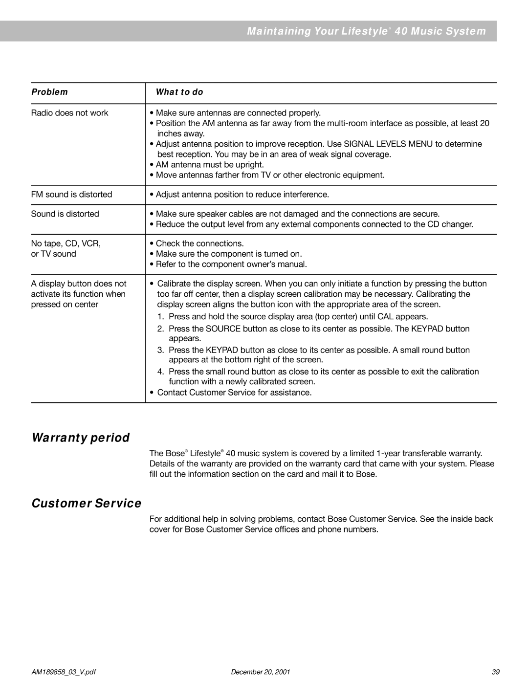 Bose 40 manual Warranty period, Customer Service 