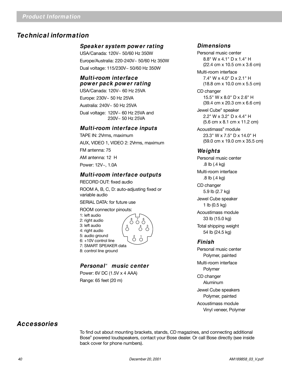 Bose 40 manual Technical information, Accessories 