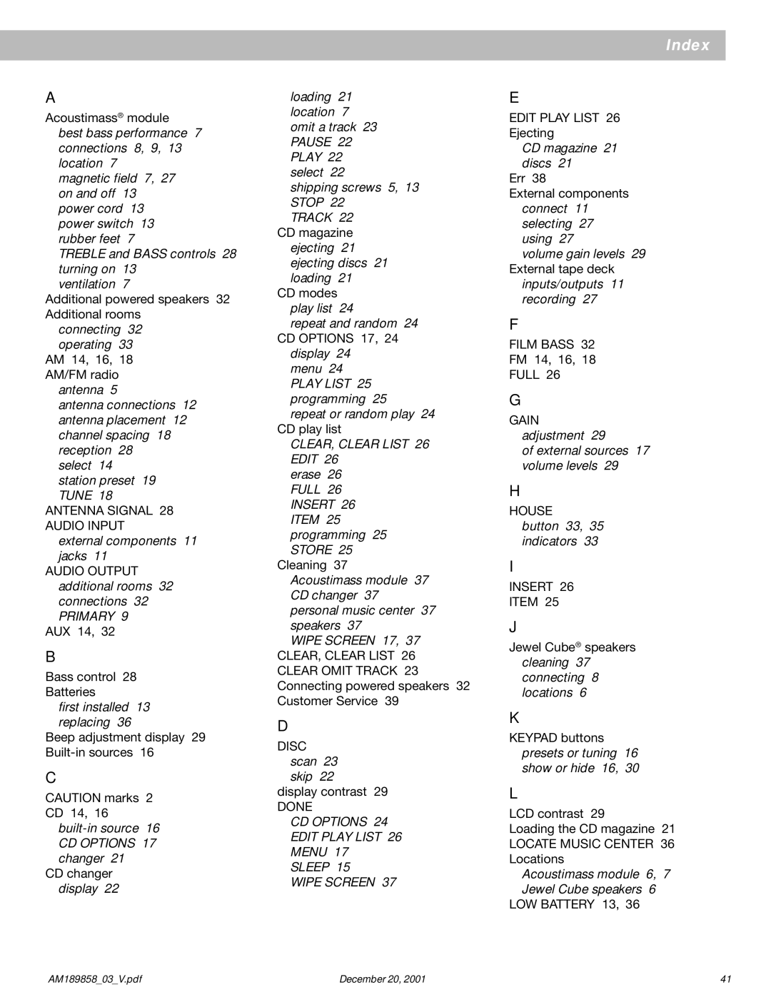 Bose 40 manual Index 