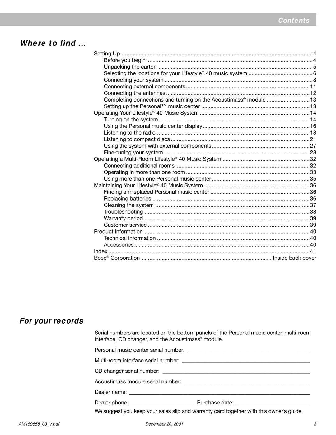 Bose 40 manual Where to find …, For your records 