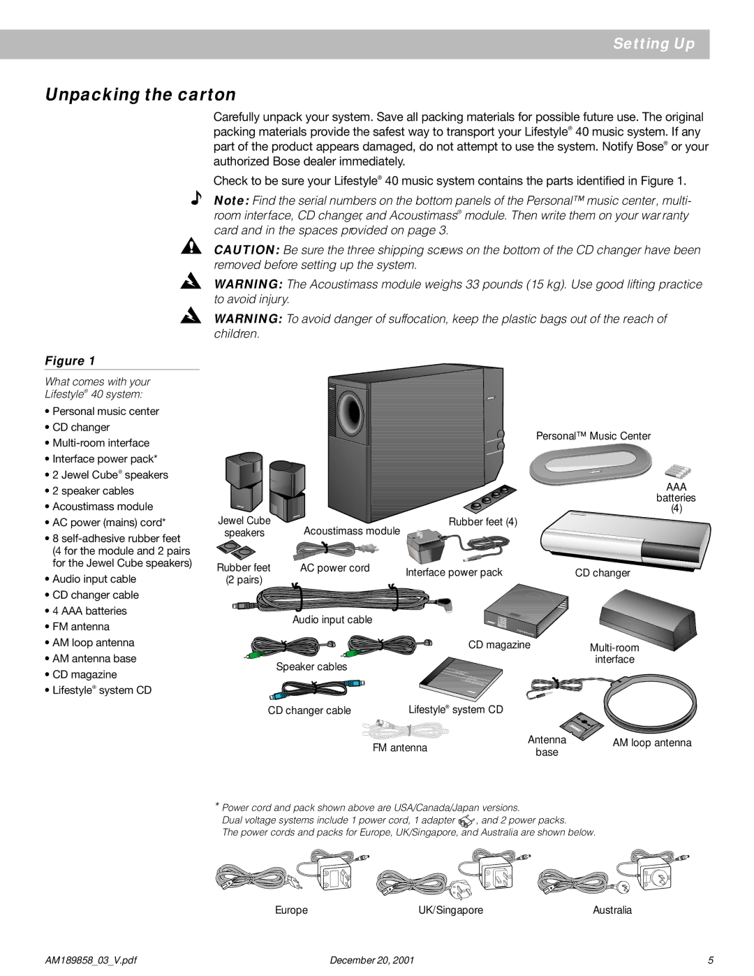 Bose manual Unpacking the carton, What comes with your Lifestyle 40 system 