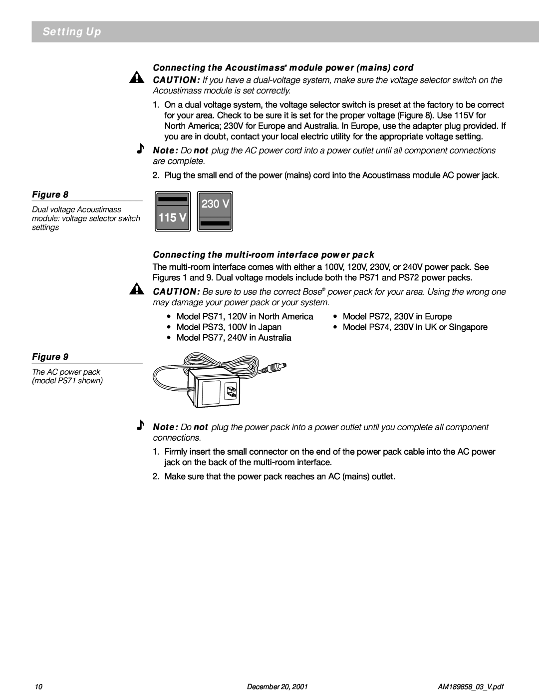 Bose 40 manual Setting Up, 230 115, Figure, Connecting the multi-roominterface power pack 