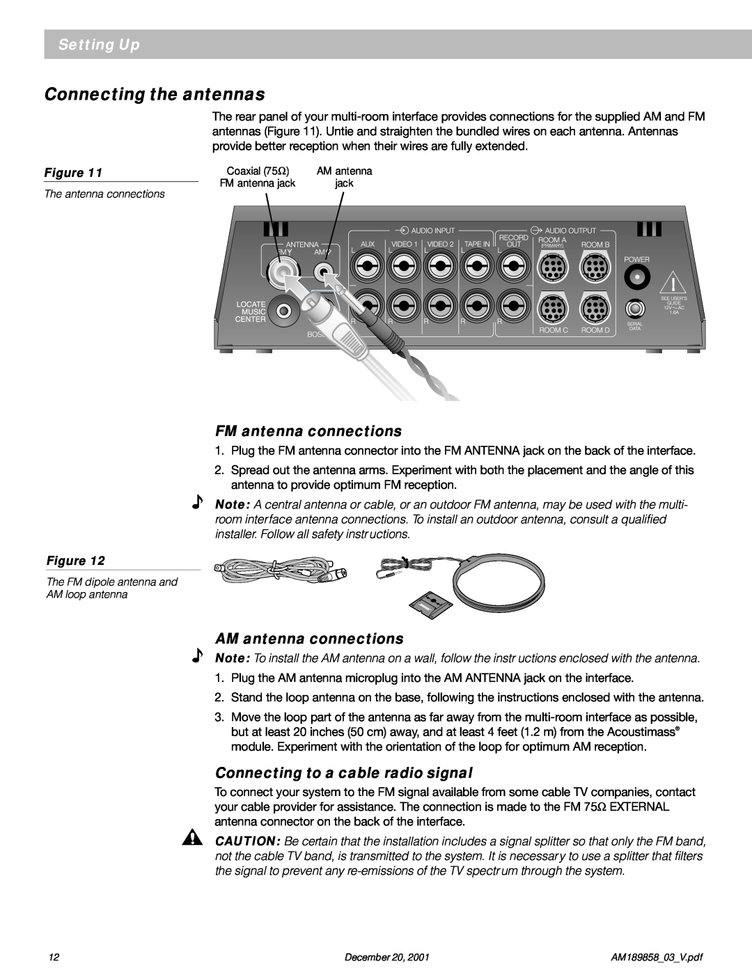 Bose 40 manual Setting Up, FM antenna connections, AM antenna connections, Connecting to a cable radio signal, Figure 