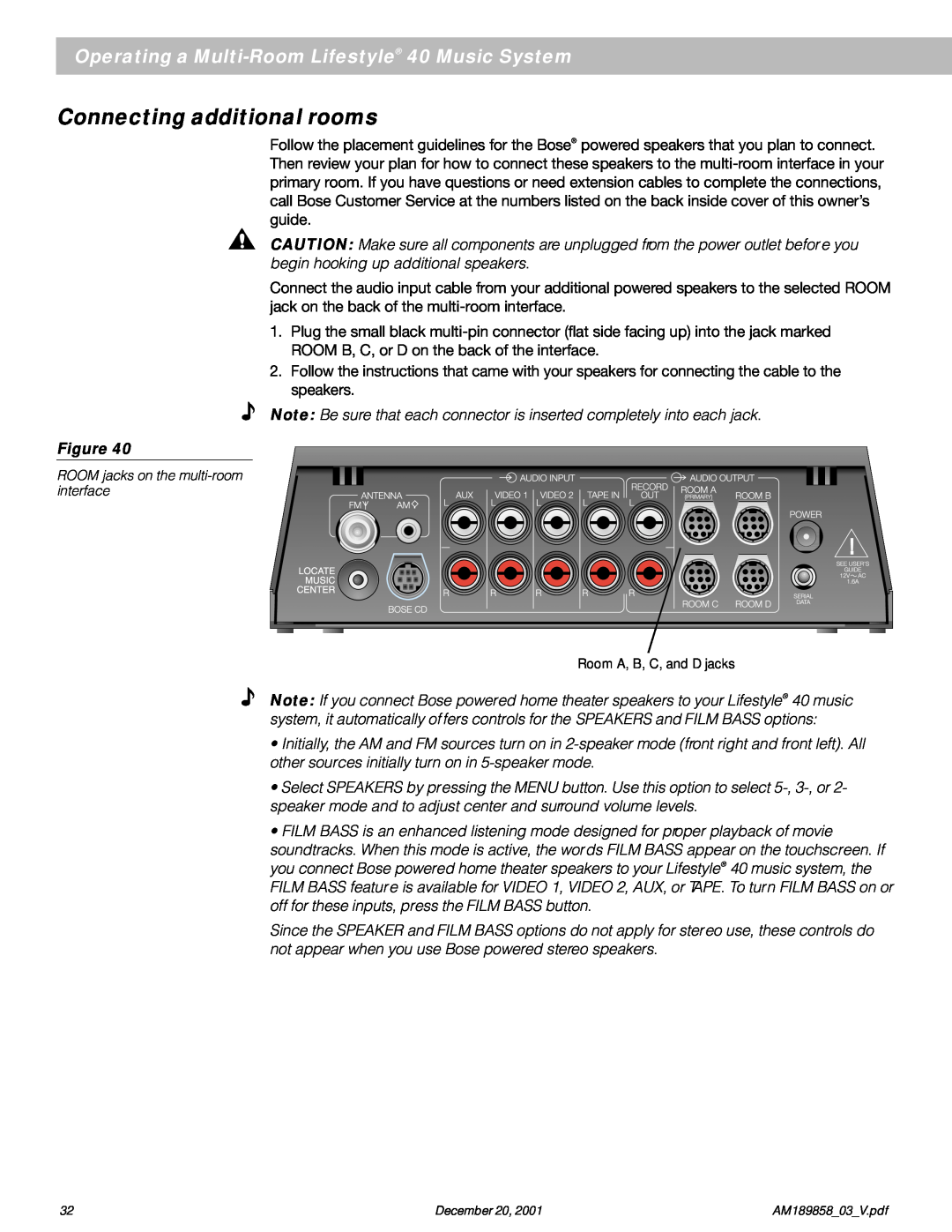 Bose manual Connecting additional rooms, Operating a Multi-RoomLifestyle 40 Music System, Figure 
