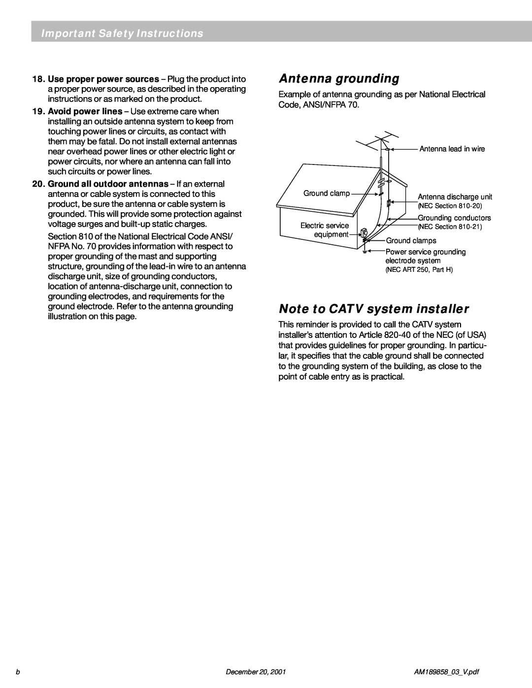 Bose 40 manual Antenna grounding, Note to CATV system installer, Important Safety Instructions, Antenna lead in wire 