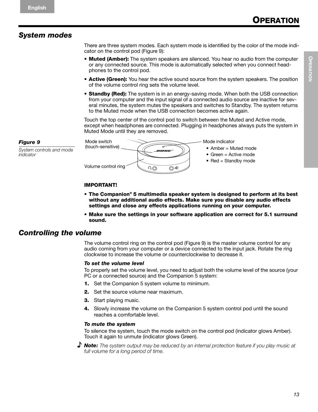 Bose Companion (R) 5, 40326 Operation, System modes, Controlling the volume, To set the volume level, To mute the system 