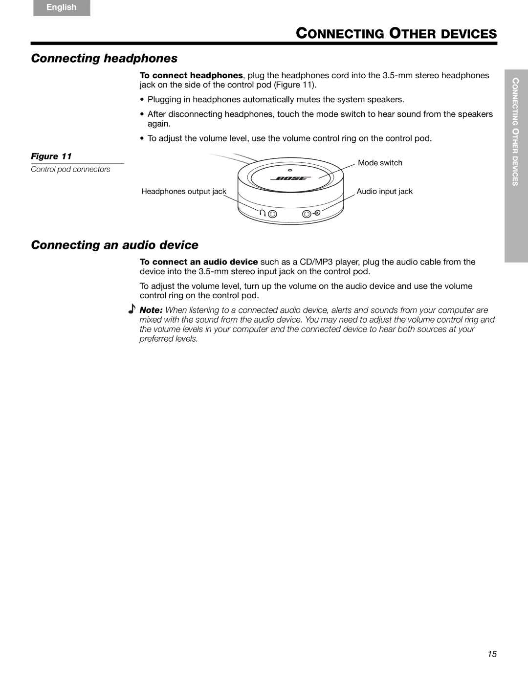 Bose Companion (R) 5, 40326 manual Connecting Other Devices, Connecting headphones, Connecting an audio device 