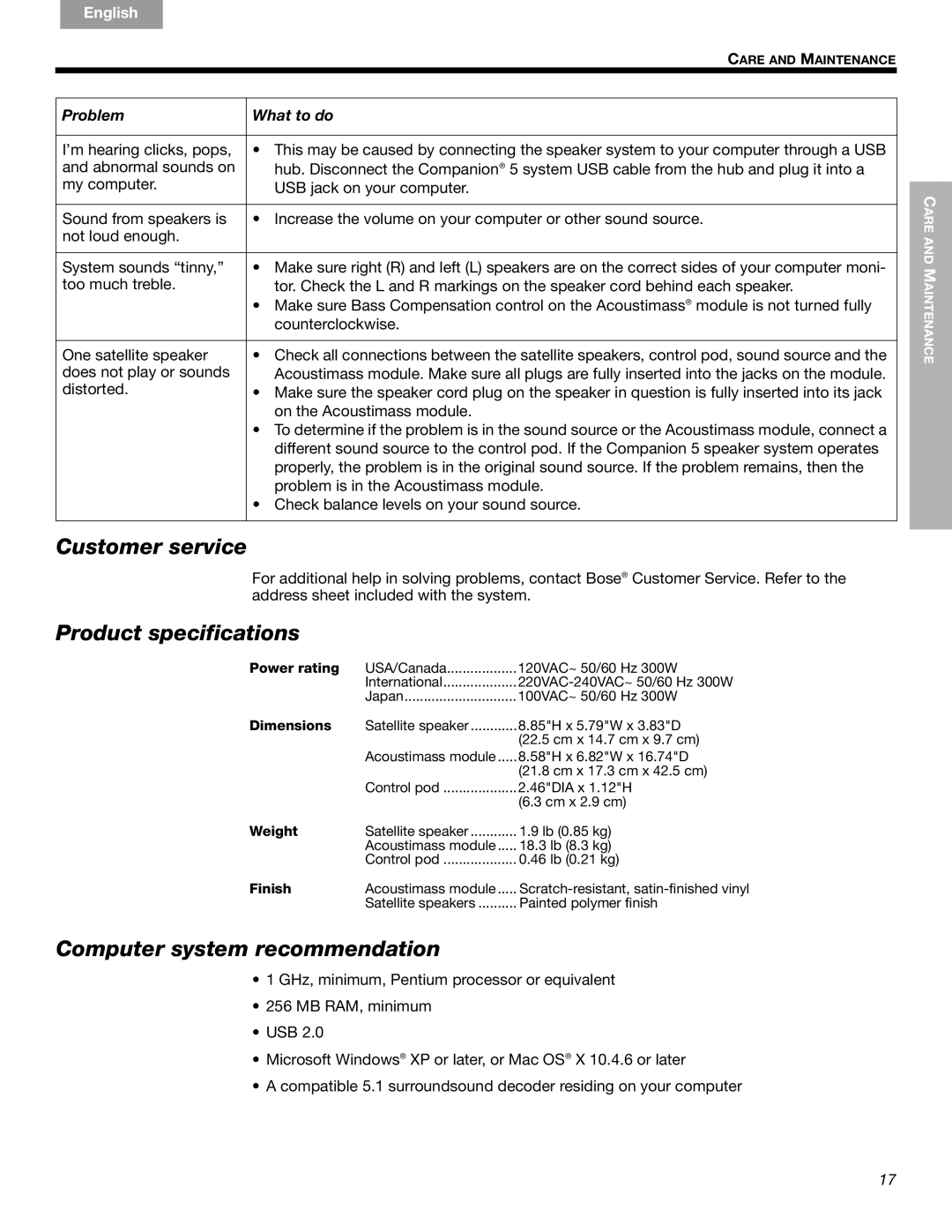 Bose Companion (R) 5, 40326 manual Customer service, Product specifications, Computer system recommendation 