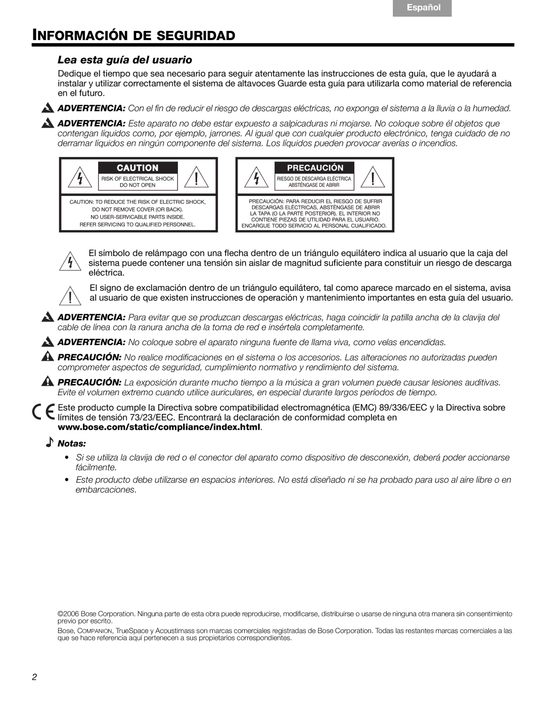 Bose 40326, Companion (R) 5 manual Información DE Seguridad, Lea esta guía del usuario, Notas 