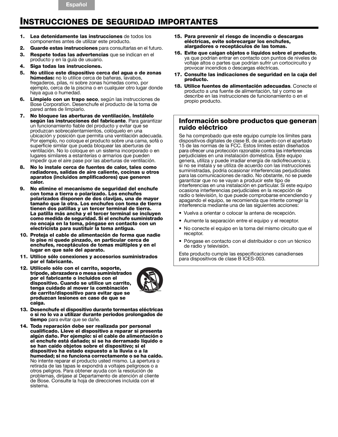 Bose Companion (R) 5 manual Instrucciones DE Seguridad Importantes, Información sobre productos que generan ruido eléctrico 