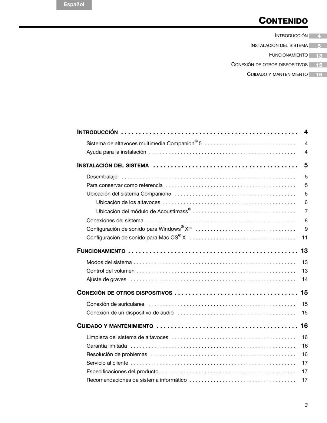 Bose Companion (R) 5, 40326 manual Contenido, Instalación DEL Sistema 