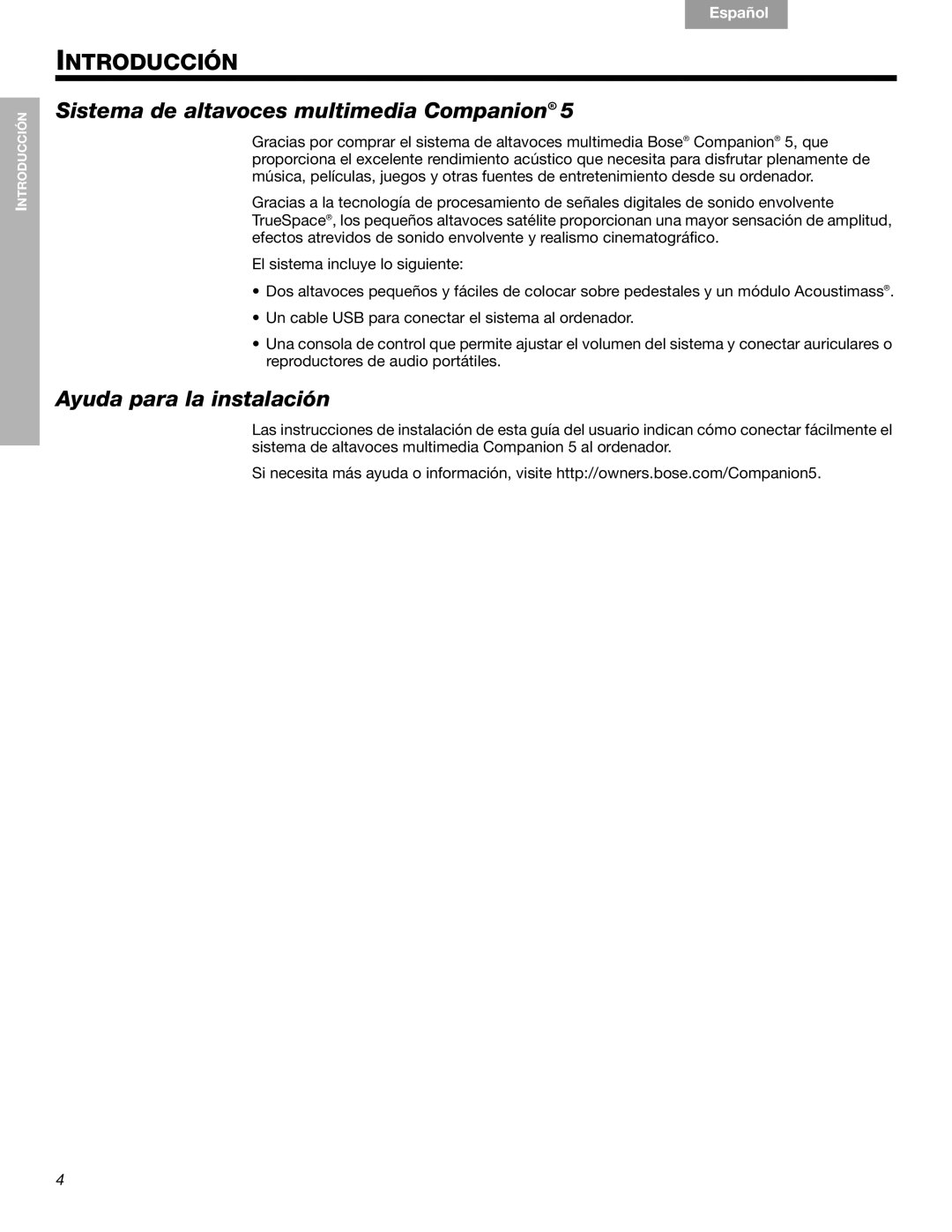 Bose 40326, Companion (R) 5 manual Introducción, Sistema de altavoces multimedia Companion, Ayuda para la instalación 